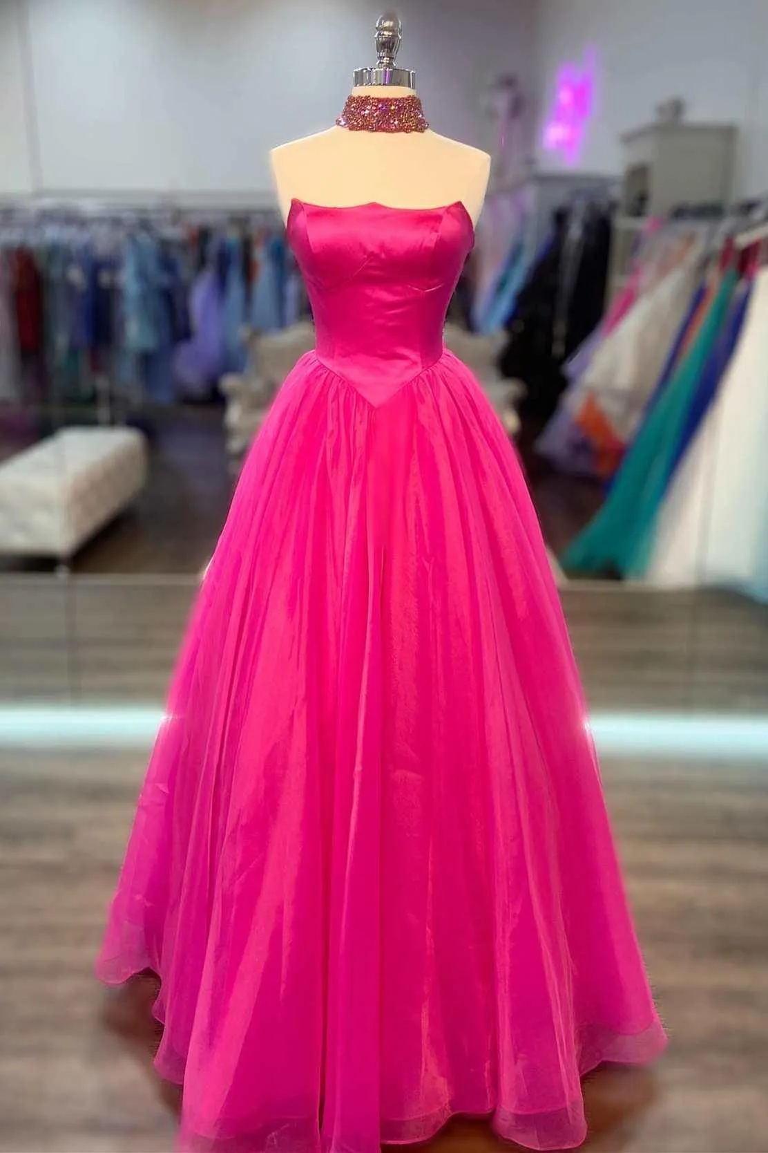 Hot Pink Strapless A-line Round Neck Tulle Prom Dress Formal Dress  PSK319