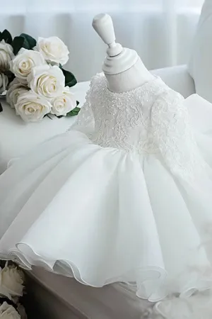 Ivory Ball Gown Tulle Flower Girl Dress with Sleeve, Princess Children Dress with Lace UQF0009