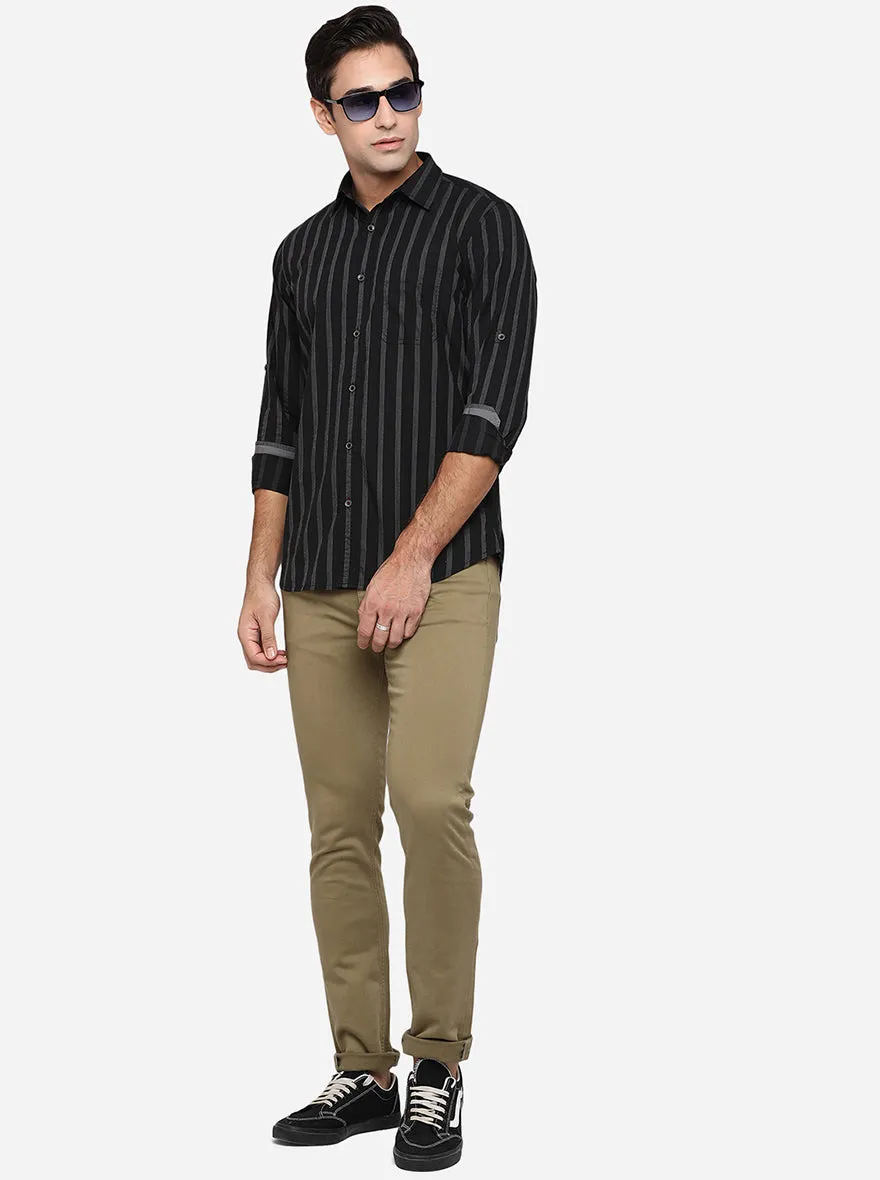 Jet Black Striped Slim Fit Semi Casual Shirt | JadeBlue