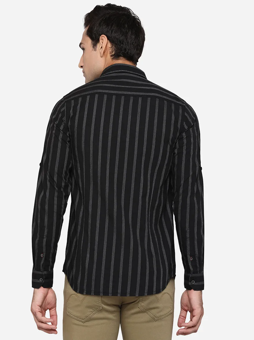 Jet Black Striped Slim Fit Semi Casual Shirt | JadeBlue