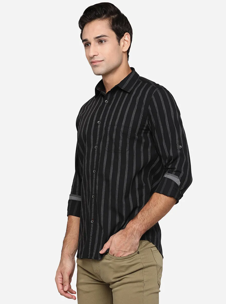 Jet Black Striped Slim Fit Semi Casual Shirt | JadeBlue