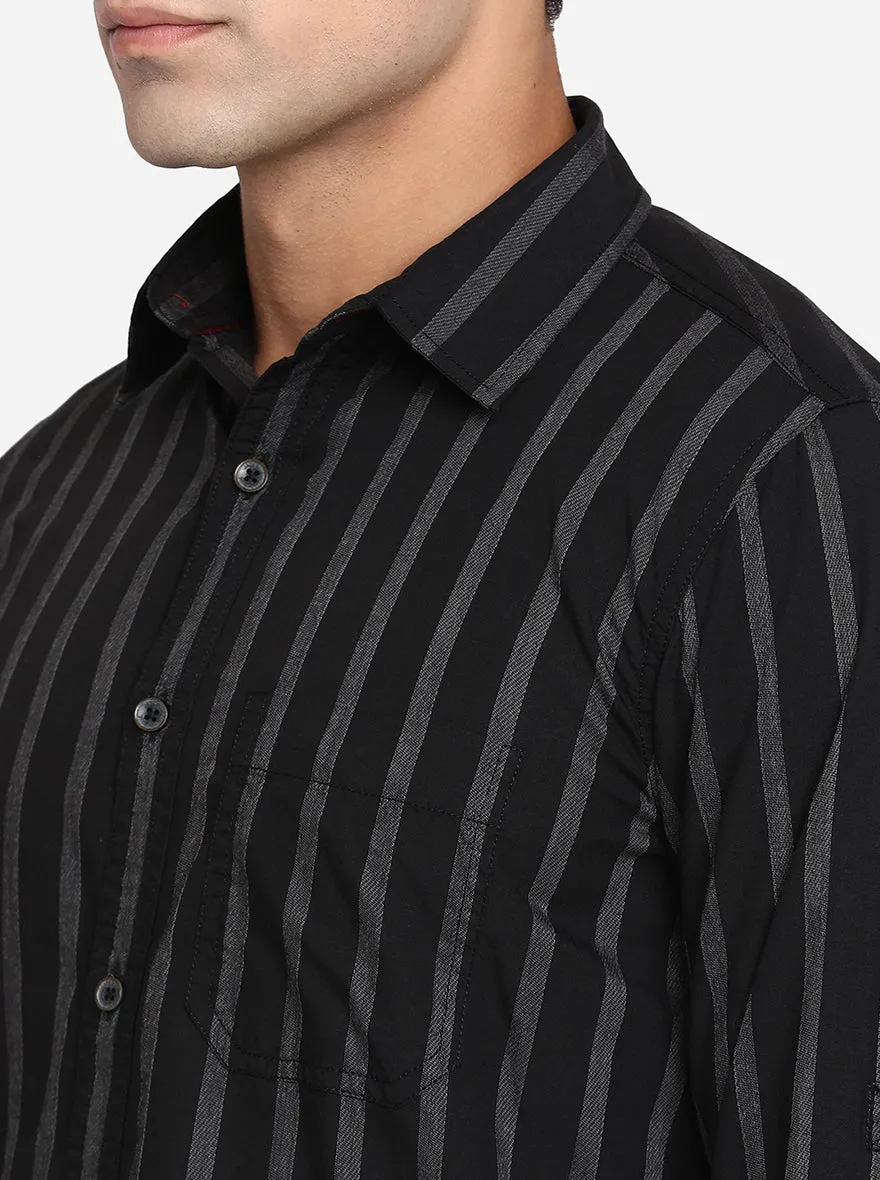 Jet Black Striped Slim Fit Semi Casual Shirt | JadeBlue