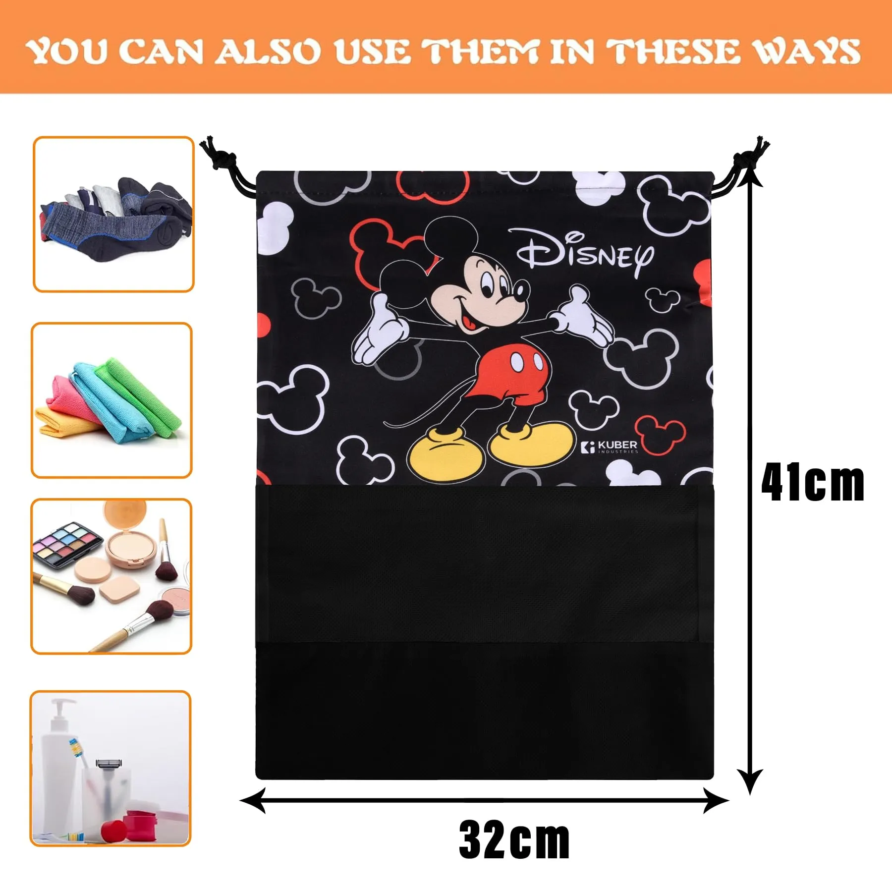 Kuber Industries Disney Mickey Shoe Cover | Travel Shoe Storage Bags | Polyester Storage Bag | Drawstring Shoe Cover | Shoe Organizer with Clear Window | Pack of 12 | Black