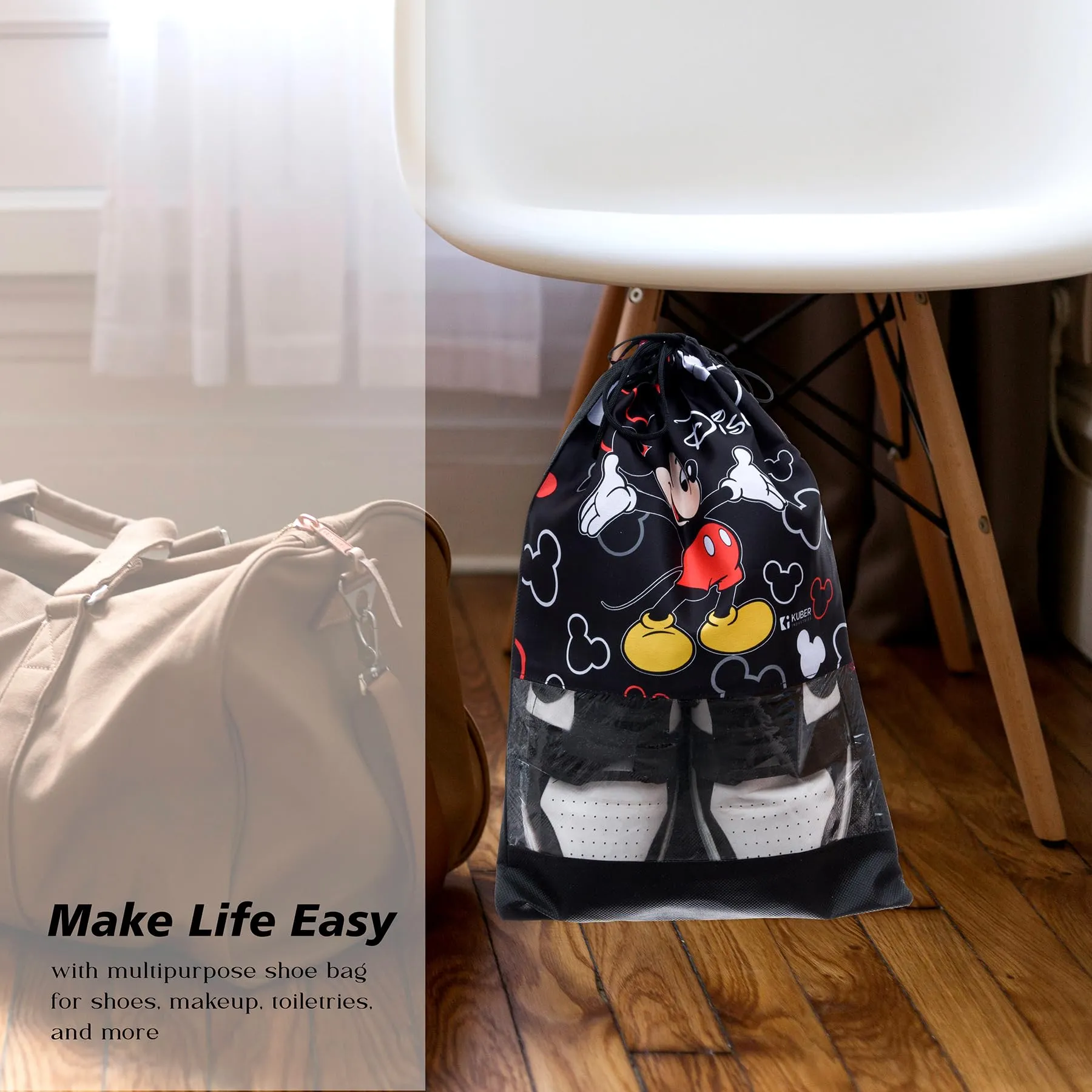 Kuber Industries Disney Mickey Shoe Cover | Travel Shoe Storage Bags | Polyester Storage Bag | Drawstring Shoe Cover | Shoe Organizer with Clear Window | Pack of 12 | Black