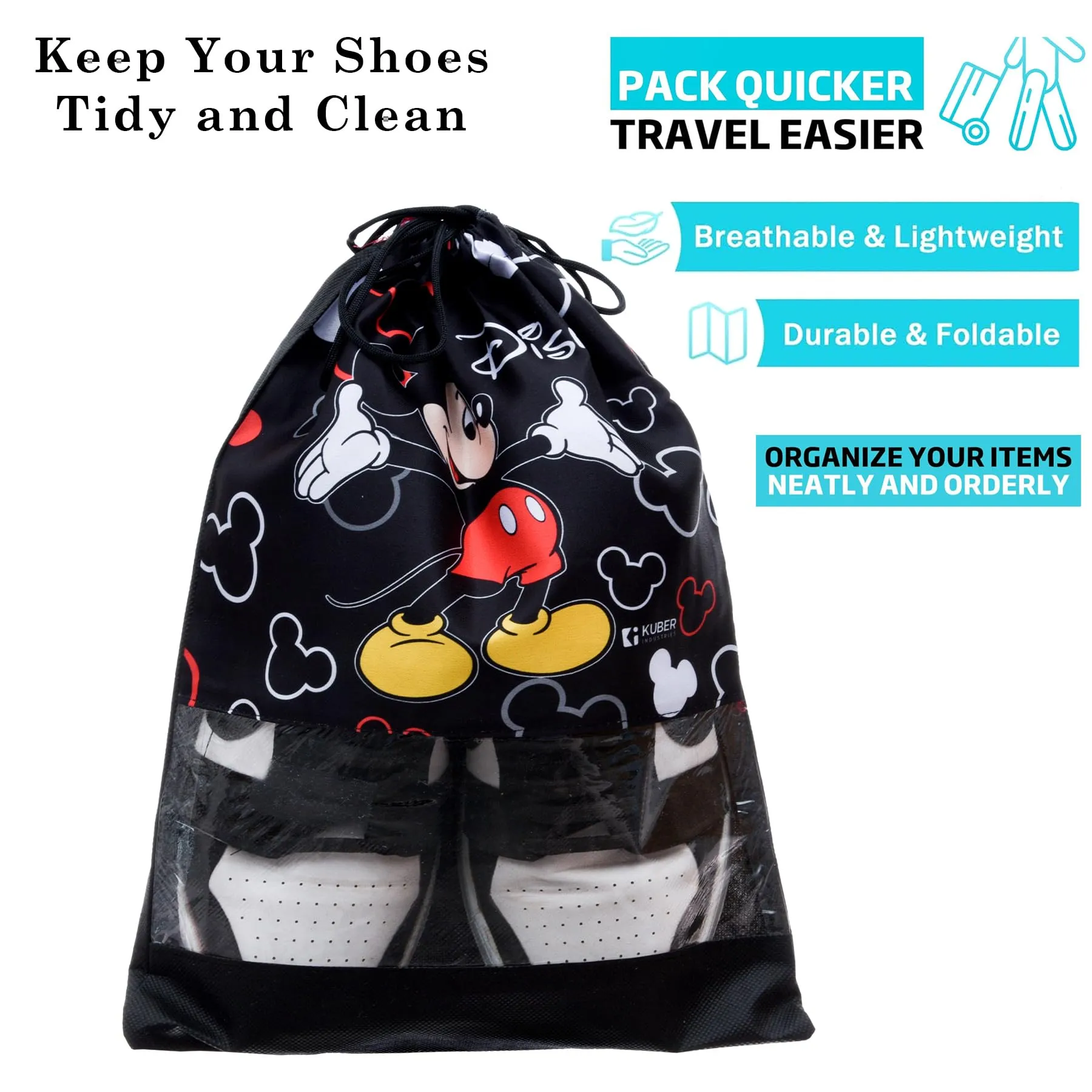 Kuber Industries Disney Mickey Shoe Cover | Travel Shoe Storage Bags | Polyester Storage Bag | Drawstring Shoe Cover | Shoe Organizer with Clear Window | Pack of 12 | Black