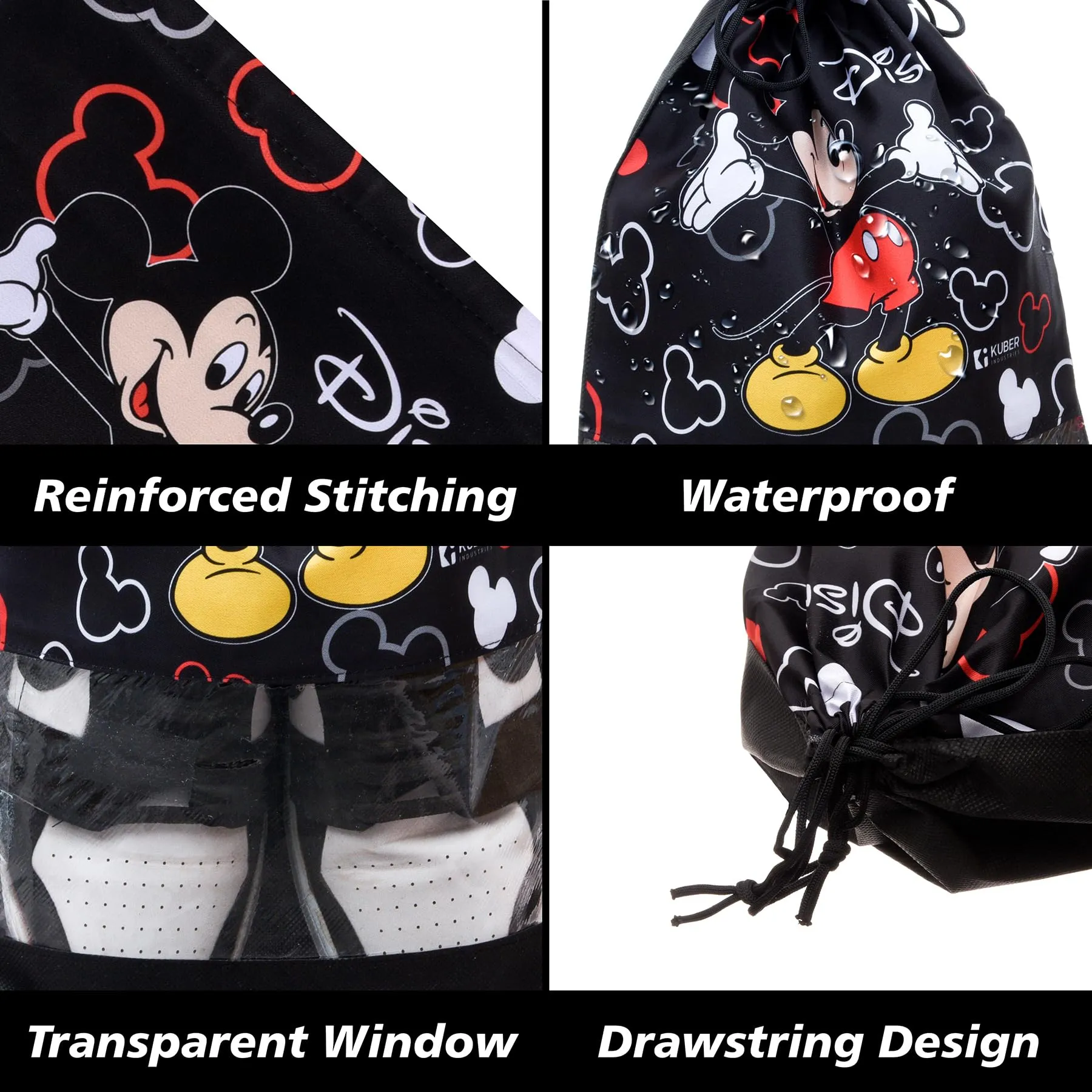 Kuber Industries Disney Mickey Shoe Cover | Travel Shoe Storage Bags | Polyester Storage Bag | Drawstring Shoe Cover | Shoe Organizer with Clear Window | Pack of 12 | Black