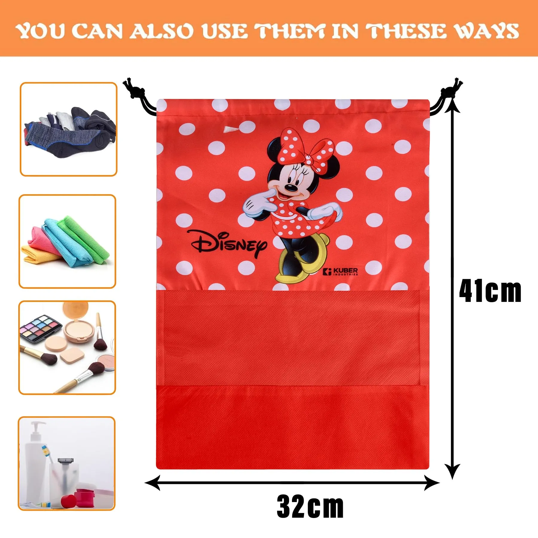 Kuber Industries Disney Minnie Shoe Cover | Travel Shoe Storage Bags | Polyester Storage Bag | Drawstring Shoe Cover | Shoe Organizer with Clear Window | Pack of 18 | Red