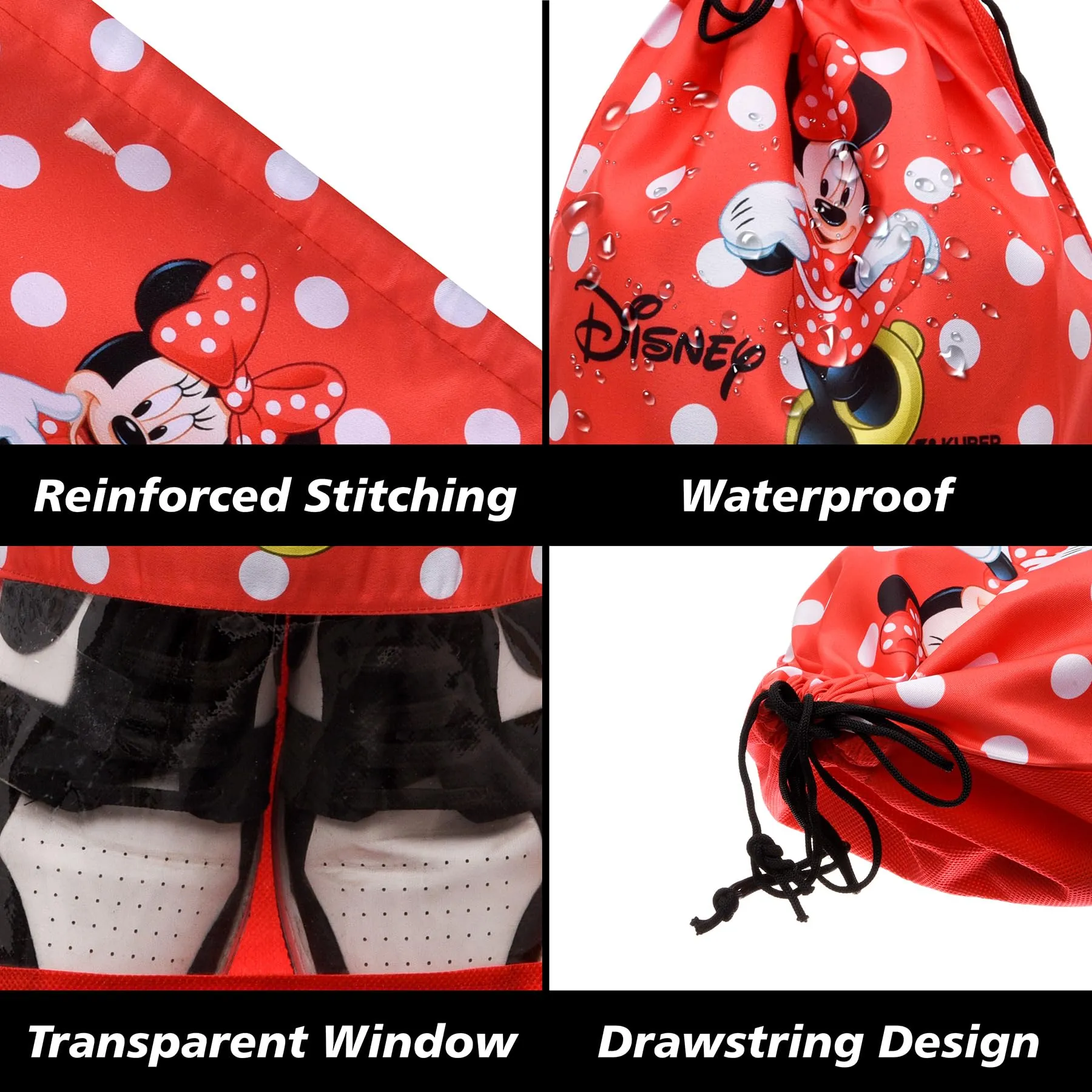 Kuber Industries Disney Minnie Shoe Cover | Travel Shoe Storage Bags | Polyester Storage Bag | Drawstring Shoe Cover | Shoe Organizer with Clear Window | Pack of 18 | Red