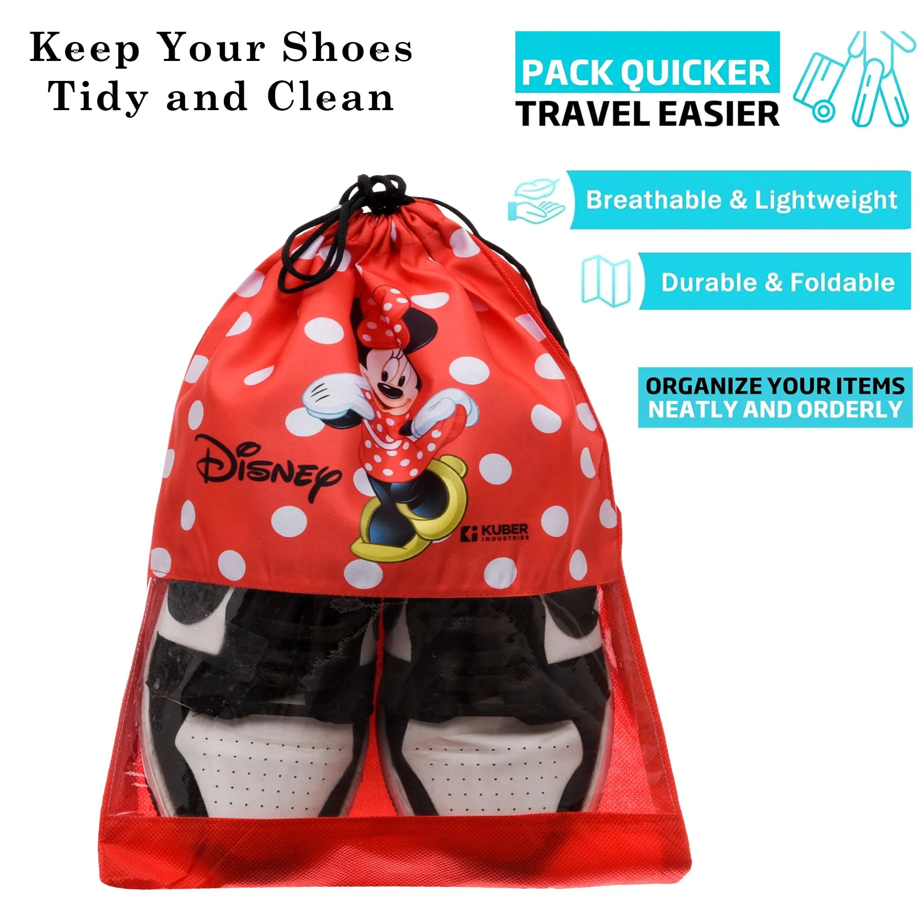 Kuber Industries Disney Minnie Shoe Cover | Travel Shoe Storage Bags | Polyester Storage Bag | Drawstring Shoe Cover | Shoe Organizer with Clear Window | Pack of 18 | Red