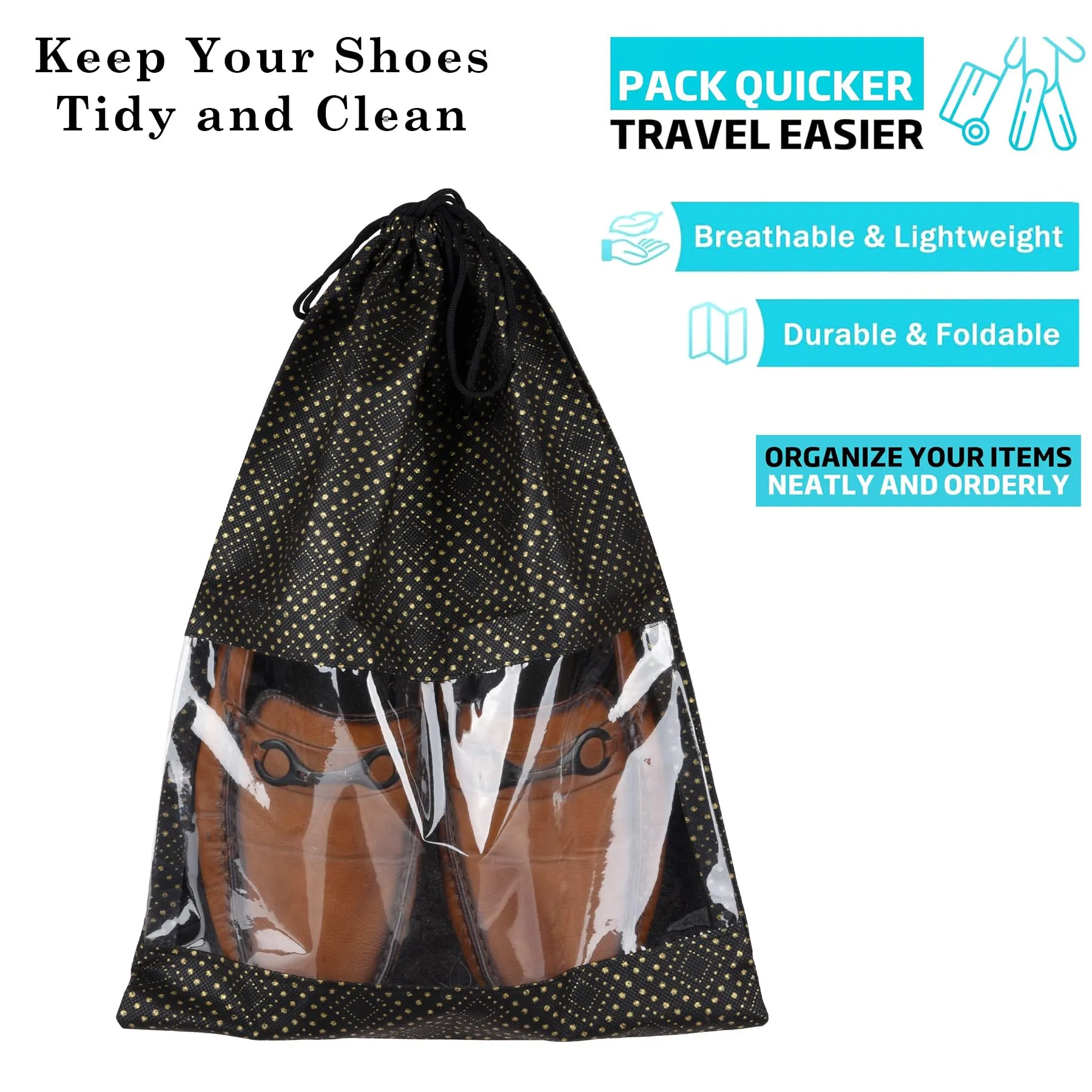 Kuber Industries Shoe Bags | Shoe Bags for Travel | Drawstring Shoe Storage Bags | Storage Organizers Set | Shoe Cover with Transparent Window | Shoe Pouches | Golden Dot-Print | Pack of 6 | Black