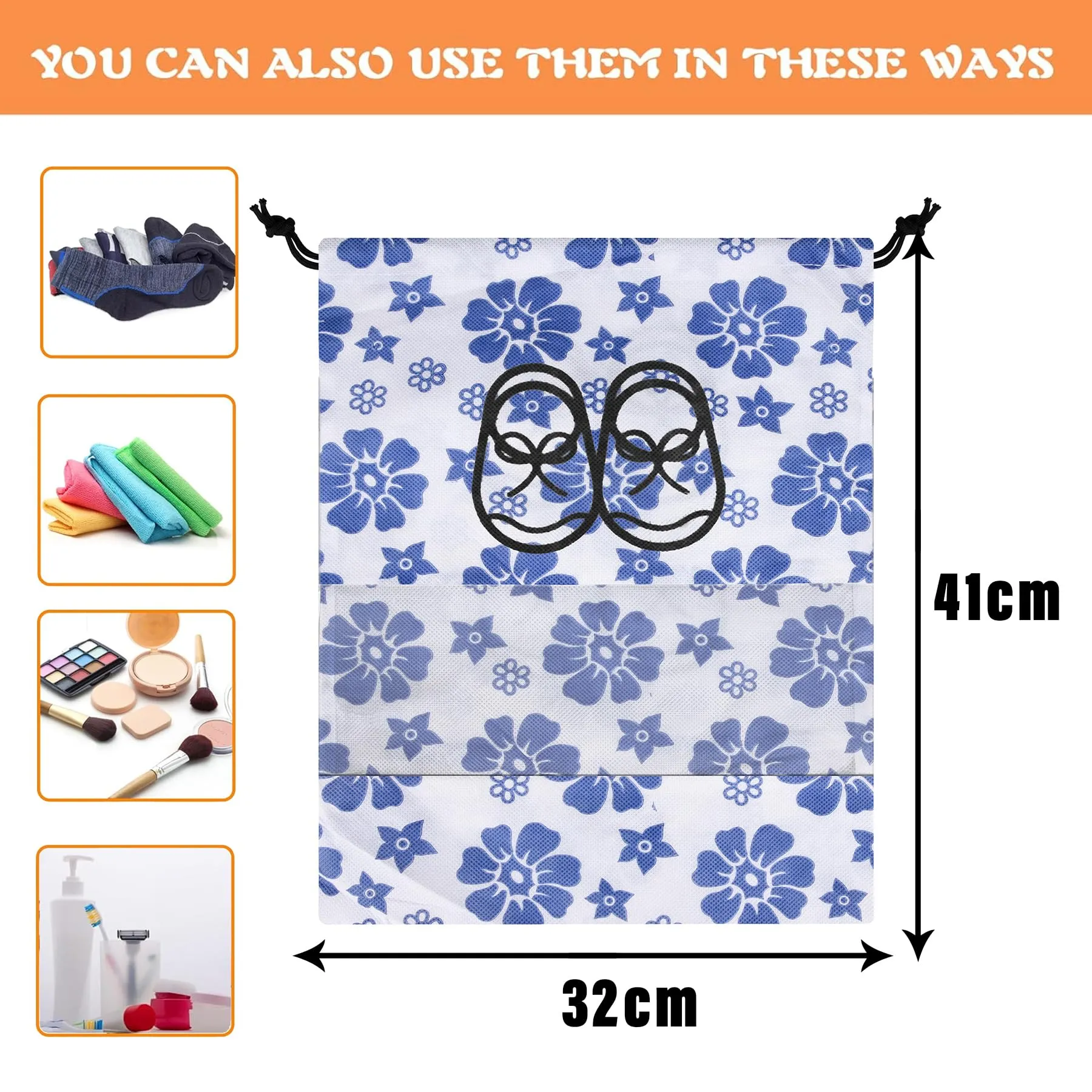 Kuber Industries Shoe Cover | Travel Shoe Storage Bags | Non-Woven Storage Bags | Shoe Cover with Drawstring | Shoe Organizer with Clear Window | Blue Flower-Design | Pack of 12 | White