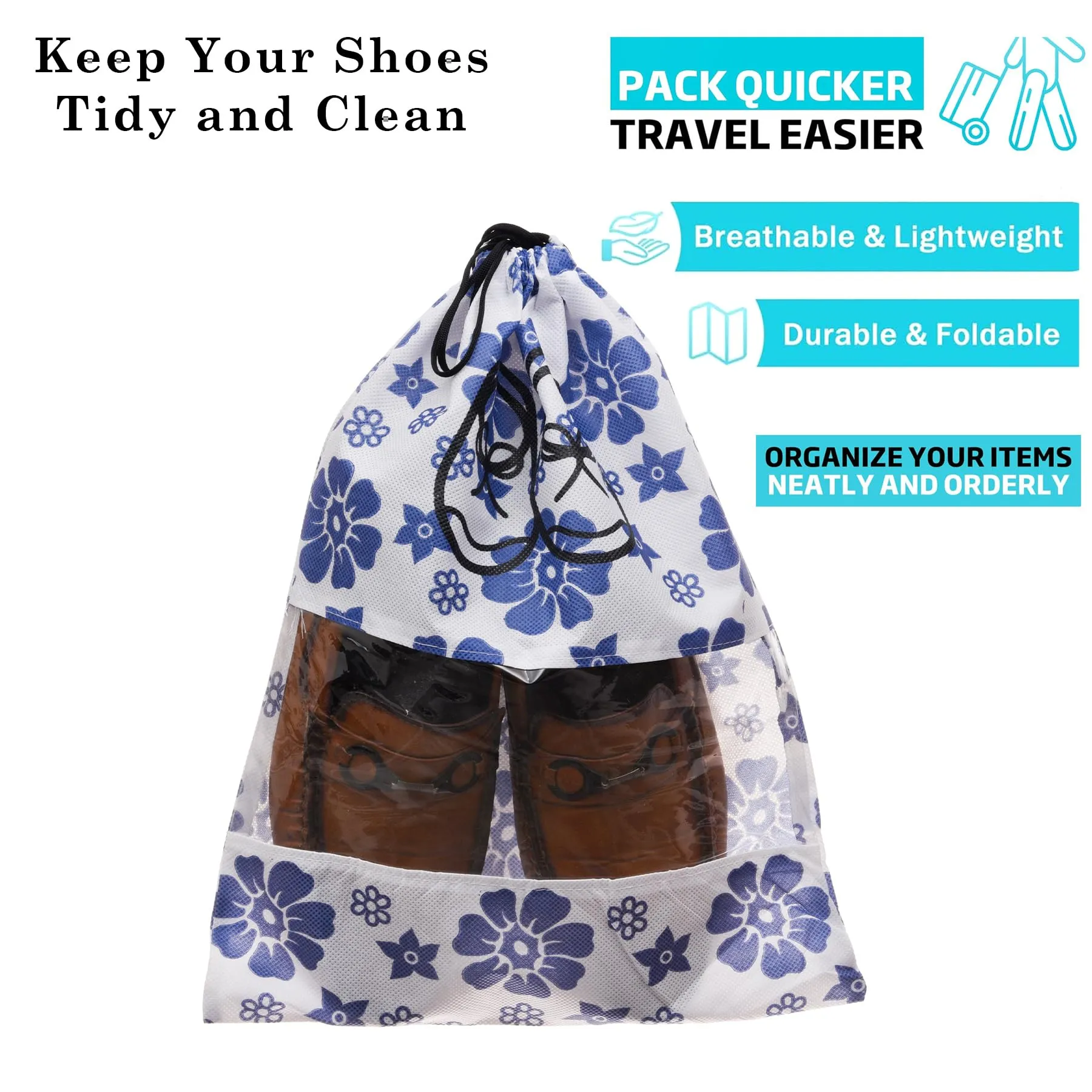 Kuber Industries Shoe Cover | Travel Shoe Storage Bags | Non-Woven Storage Bags | Shoe Cover with Drawstring | Shoe Organizer with Clear Window | Blue Flower-Design | Pack of 12 | White