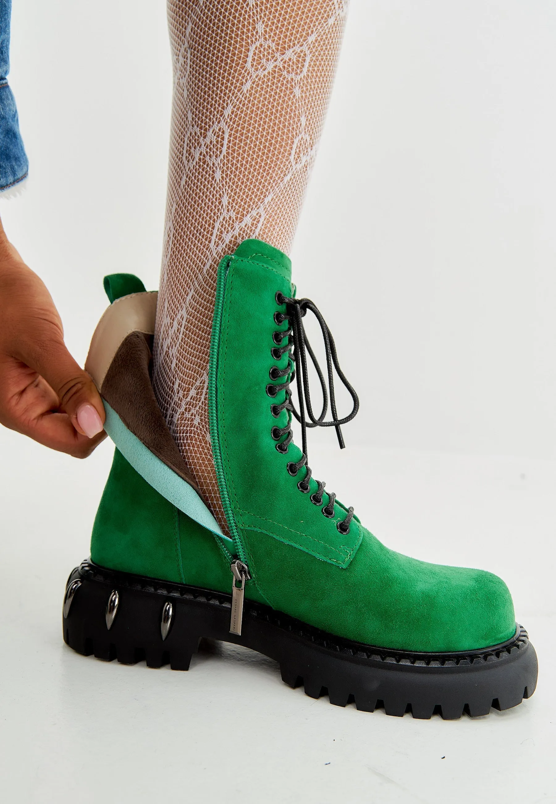 Lace-Up Combat Boots with Chunky Sole - Green