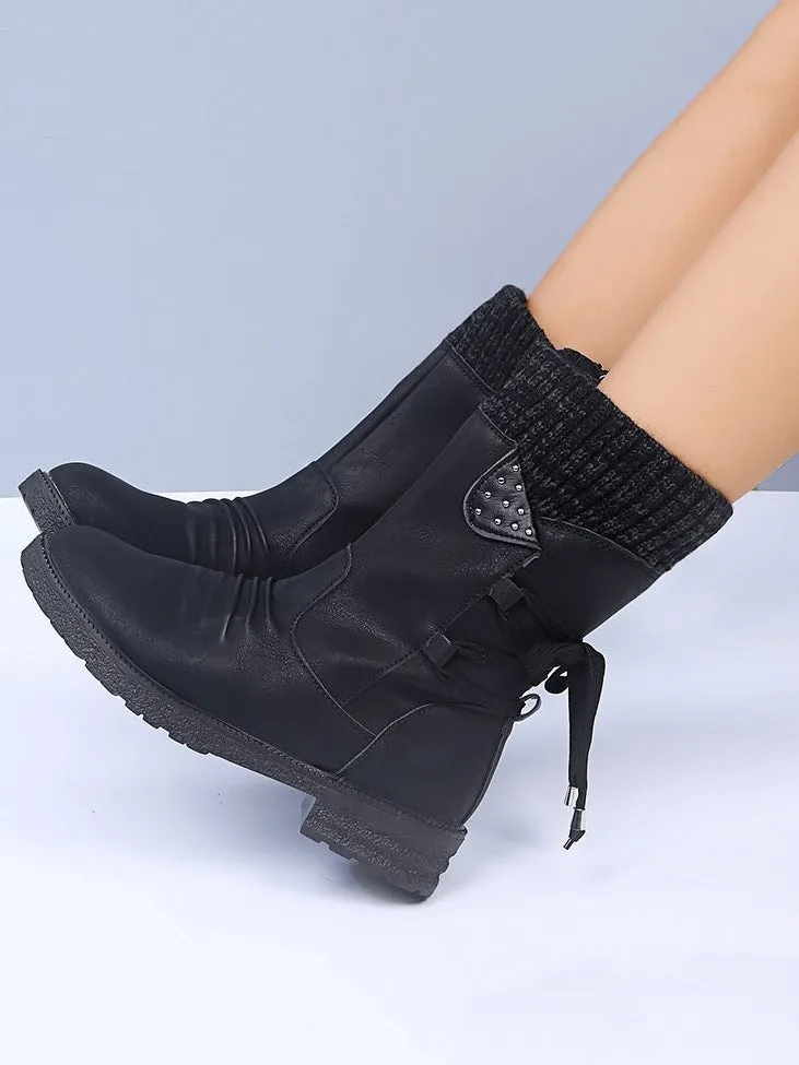 Lace-Up Low Heel Boots with Side Zip