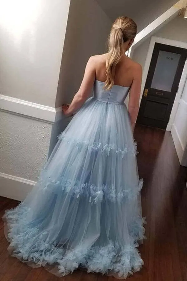 Light Blue Ball Gown Off Shoulder Strapless Long Prom Dresses, Evening Dress