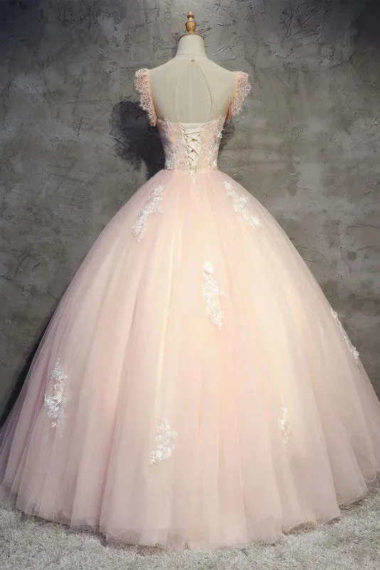 Light Peach Tulle Long Prom Dress with Flowers, Princess Ball Gown Sheer Neck Party Dress UQ2202