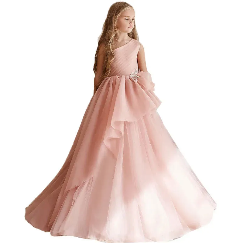 Lovely Pink Wedding Flower Dresses One Shoulder Ball Gown Kids Birthday Party Christmas Gowns Beaded Bow Tie Toddler Girl Pageant Wears Baby Bridesmaid Dress