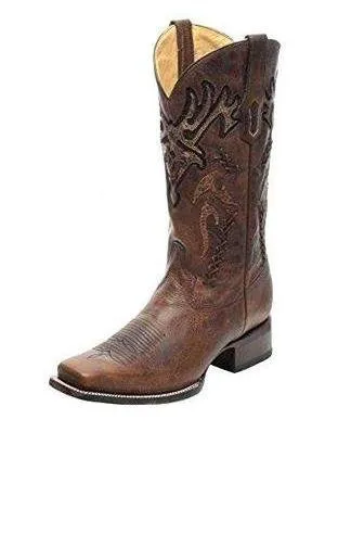 Men's Brown Overlay Woven Square Toe Cowboy Boots - R1416