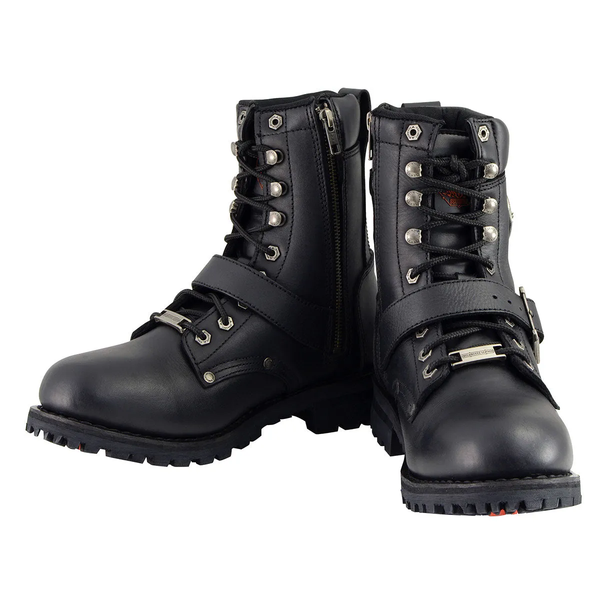 Milwaukee Leather Men's Black Leather Lace-Up Engineer Motorcycle Boots w/ Buckles and Side Zipper  MBM101