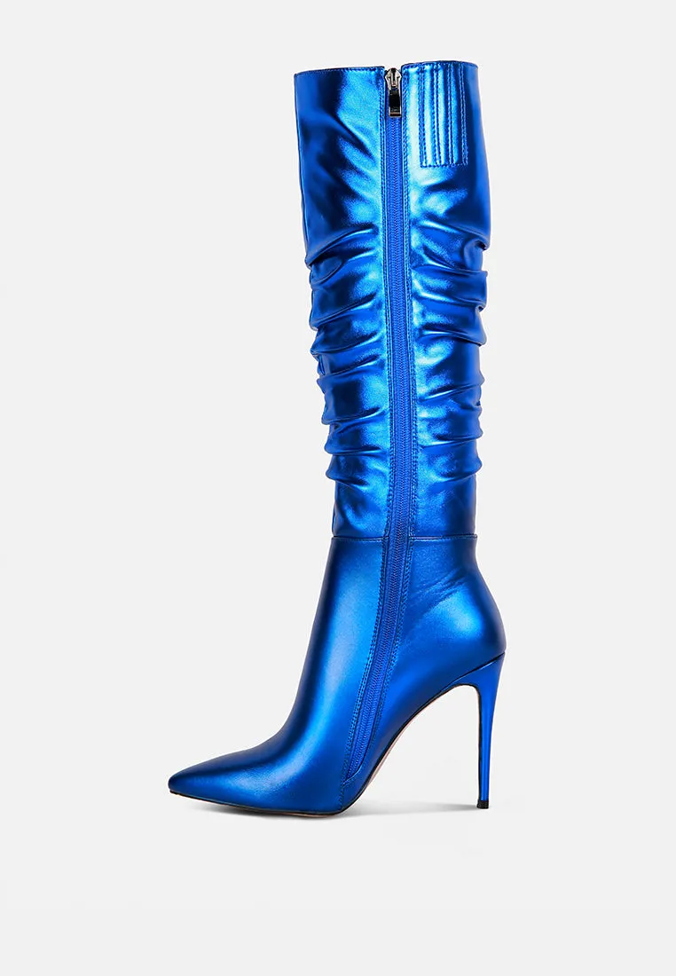 NEW-EXPRESSION Blue Metallic Ruched Stiletto Knee Boots