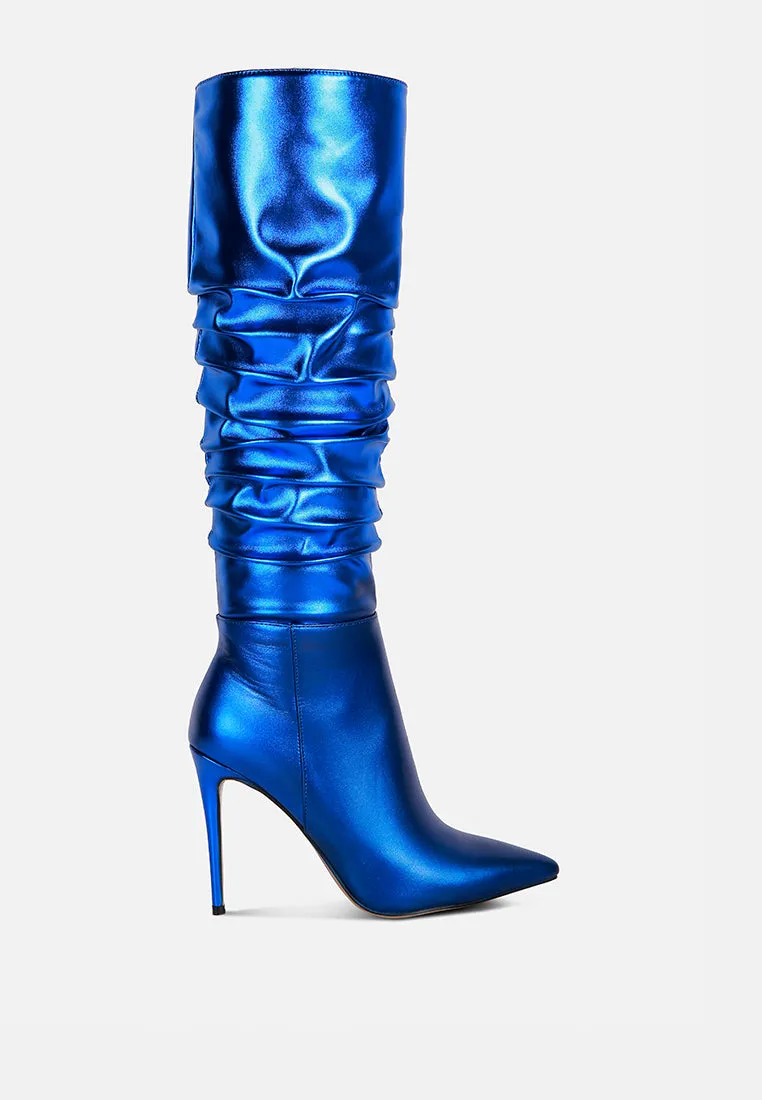 NEW-EXPRESSION Blue Metallic Ruched Stiletto Knee Boots