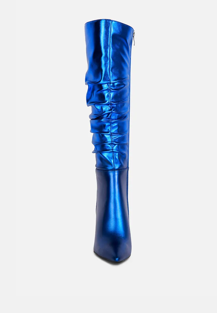 NEW-EXPRESSION Blue Metallic Ruched Stiletto Knee Boots