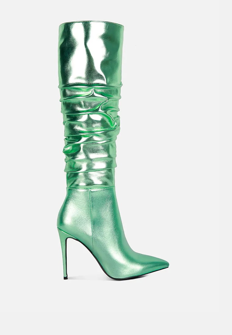 NEW-EXPRESSION Mint Green Metallic Ruched Stiletto Knee Boots