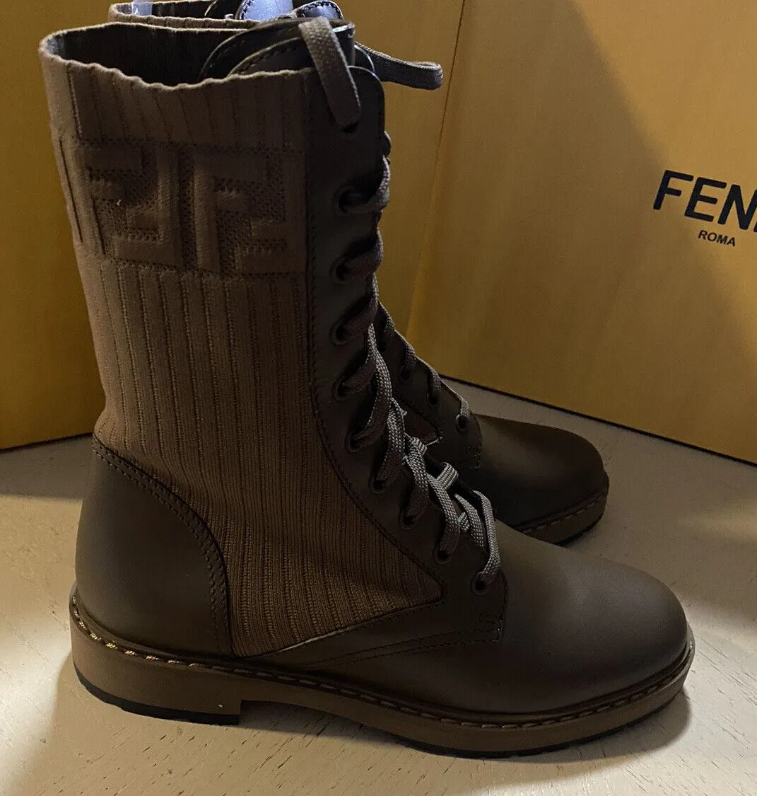 NIB $1100 Fendi Women logo Knit Comdat leather  Boots DK Brown 11/41 Eu