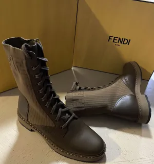 NIB $1100 Fendi Women logo Knit Comdat leather  Boots DK Brown 11/41 Eu