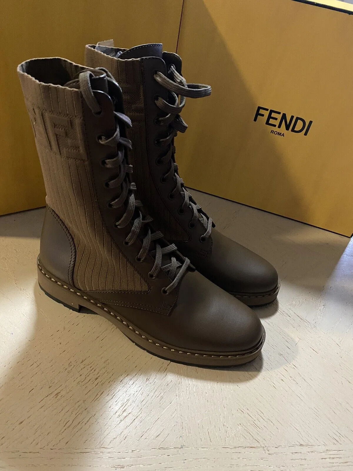 NIB $1100 Fendi Women logo Knit Comdat leather  Boots DK Brown 11/41 Eu