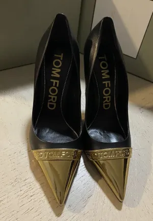 NIB $1150 TOM FORD Women’s Metallic Cap-Toe Logo Pumps Shoes Black/Gold 8/38 Eu