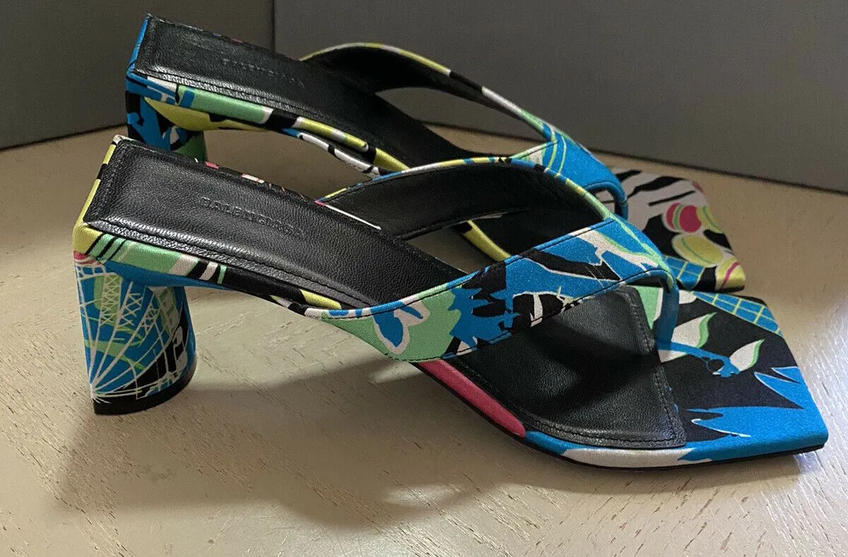 NIB $750 Balenciaga Double Square Print Thong Sandal Shoes Black/Blue 8 US/38Eu