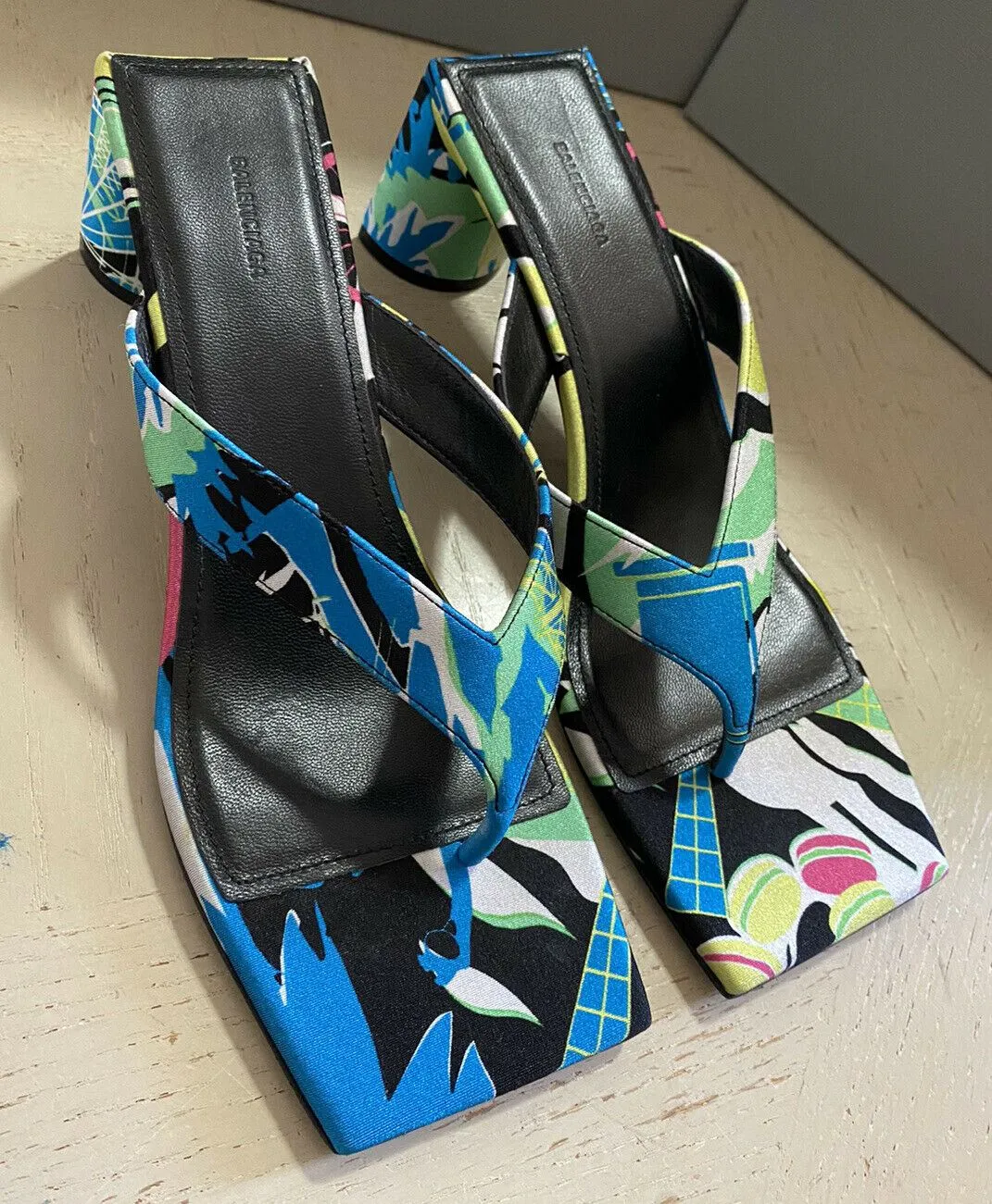 NIB $750 Balenciaga Double Square Print Thong Sandal Shoes Black/Blue 8 US/38Eu