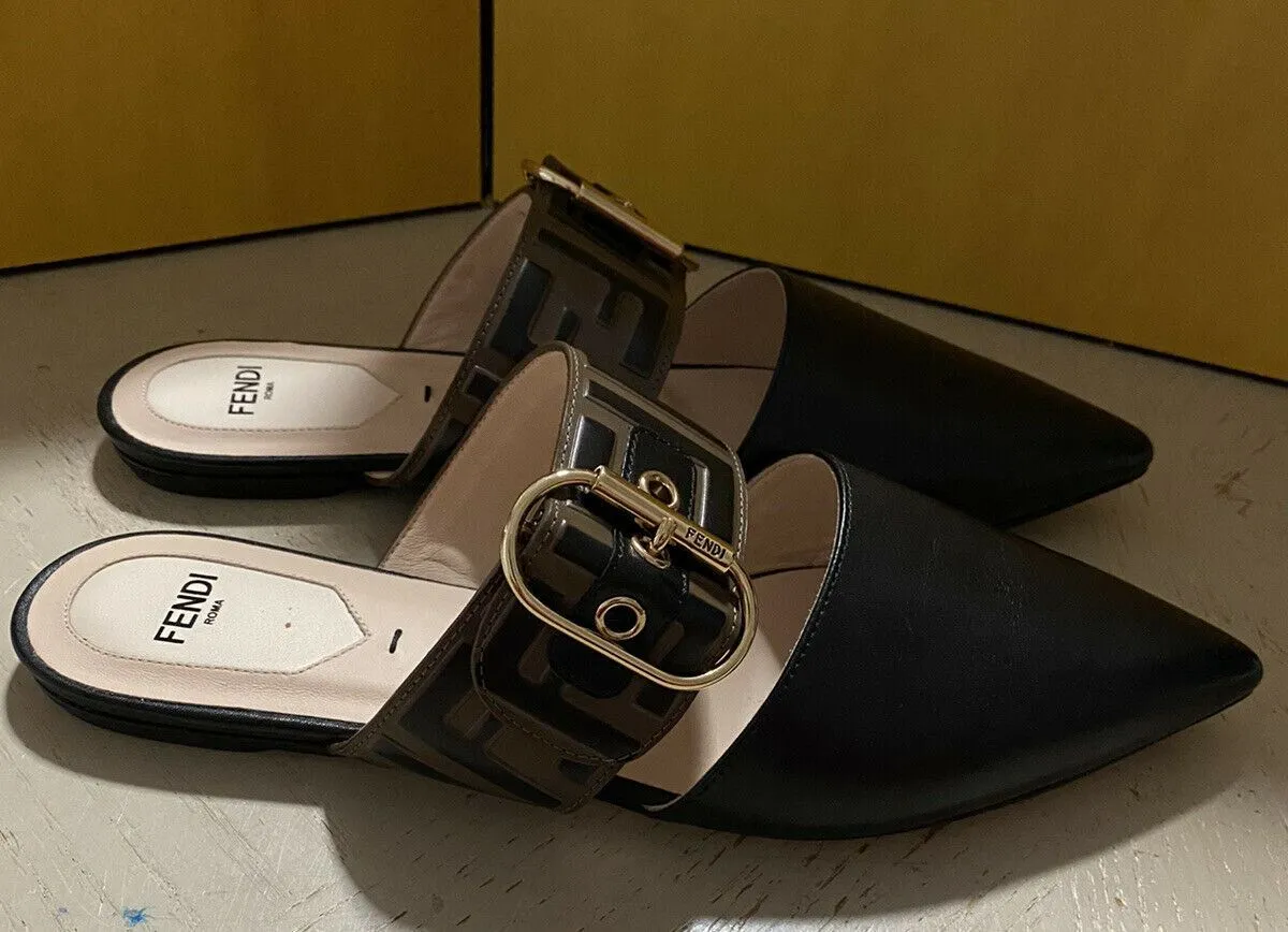 NIB $750 Fendi Women’s Leather Flat Mules Sandal Shoes Black 7 US/37 US Italy