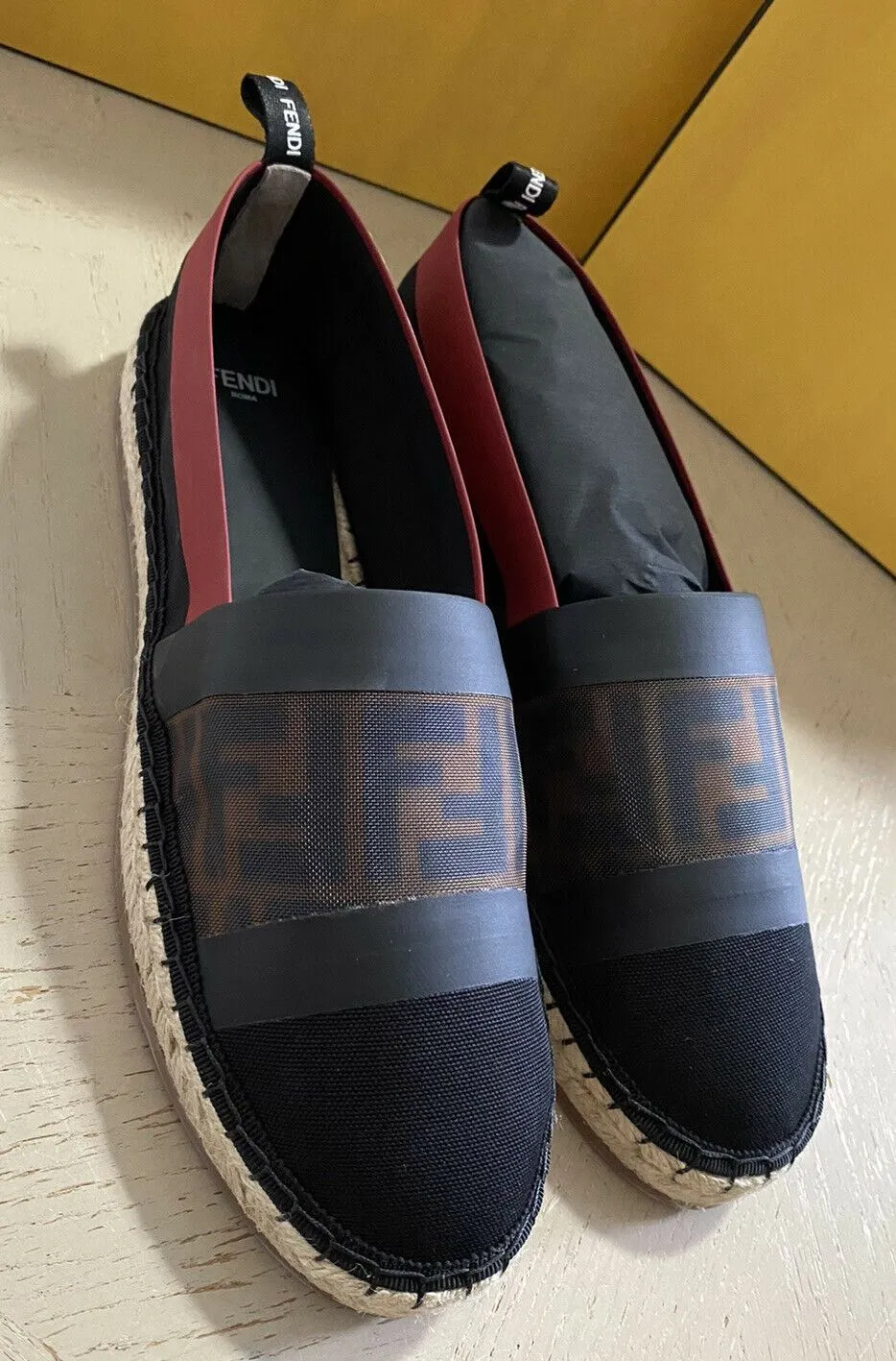 NIB Fendi Women Flat Colibrì Mesh FF Espadrille Black/Red 7 US ( 37 Eu )