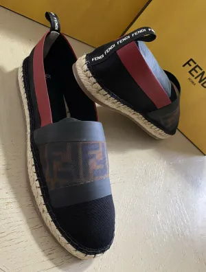 NIB Fendi Women Flat Colibrì Mesh FF Espadrille Black/Red 7 US ( 37 Eu )