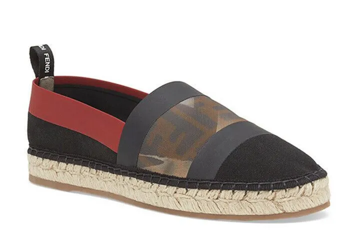 NIB Fendi Women Flat Colibrì Mesh FF Espadrille Black/Red 7 US ( 37 Eu )