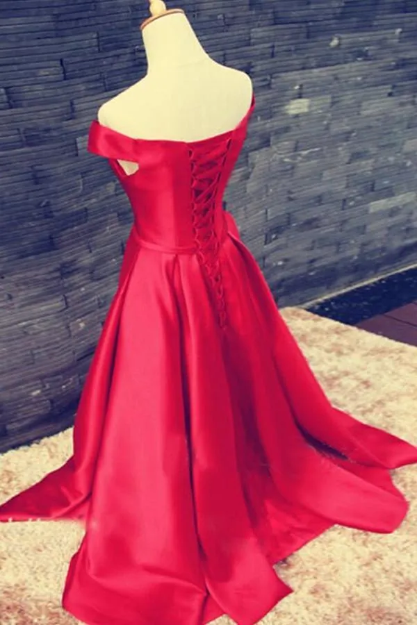 Off Shoulder Floor Length Satin Red Prom/Evening Dress With Belt PG300