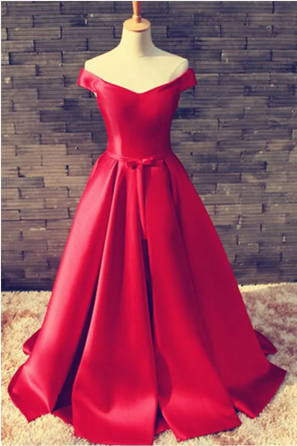 Off Shoulder Floor Length Satin Red Prom/Evening Dress With Belt PG300