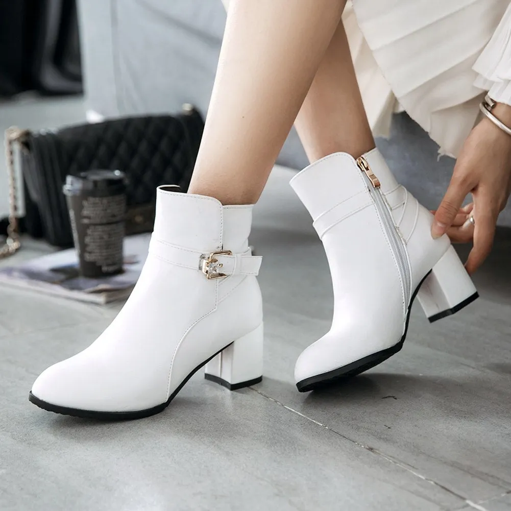 Office Lady Buckle Square High Heels Ankle Boots