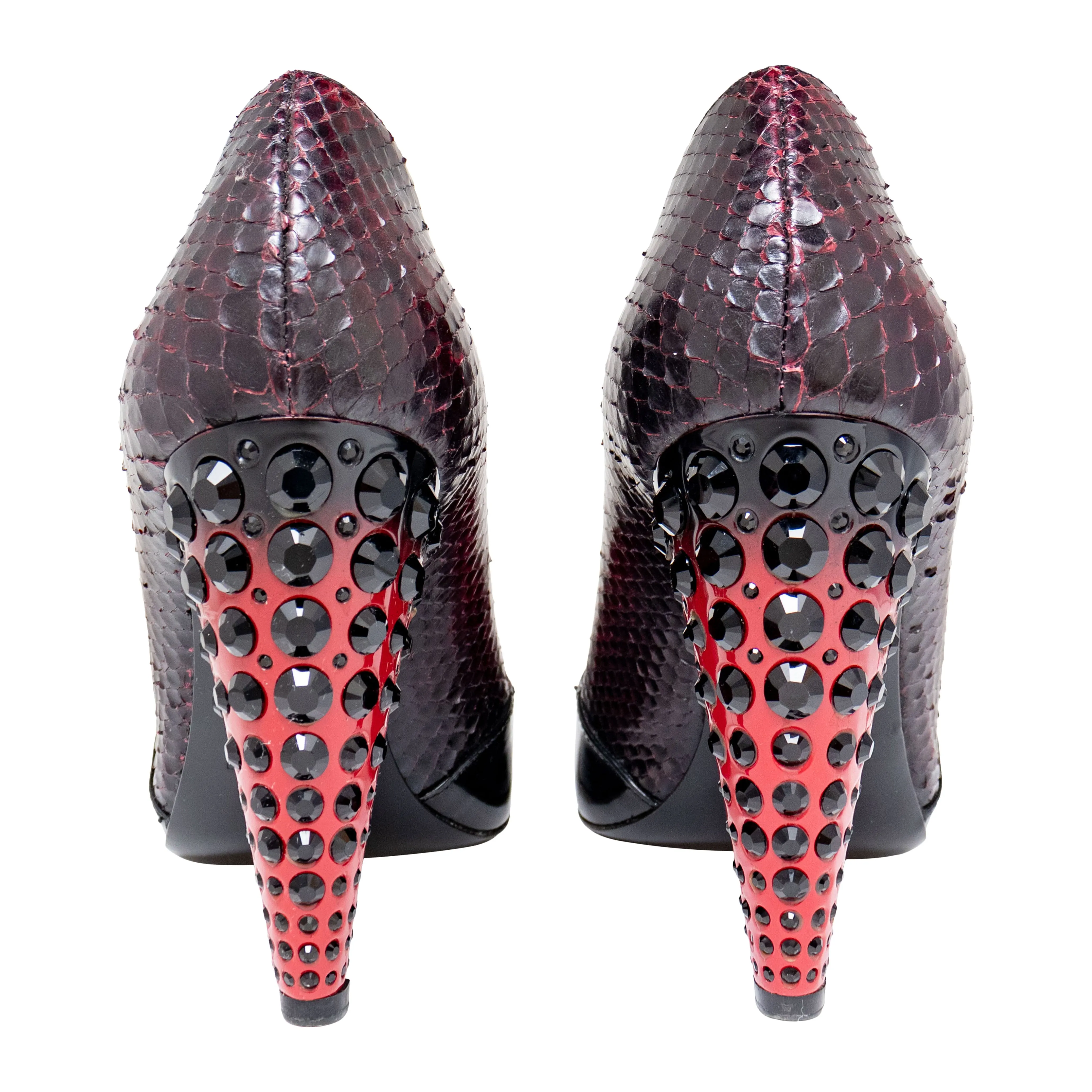 Peep Toe Patent and Snakeskin Crystal Embellished Pumps 38.5