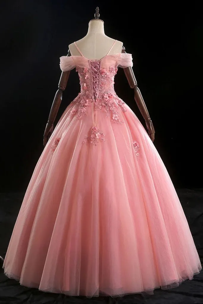 Pink Ball Gown Off Shoulder Prom Dress with Flowers, Floor Length Applique Quinceanera Dress UQ2411