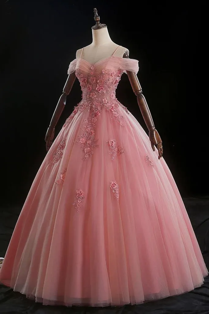 Pink Ball Gown Off Shoulder Prom Dress with Flowers, Floor Length Applique Quinceanera Dress UQ2411