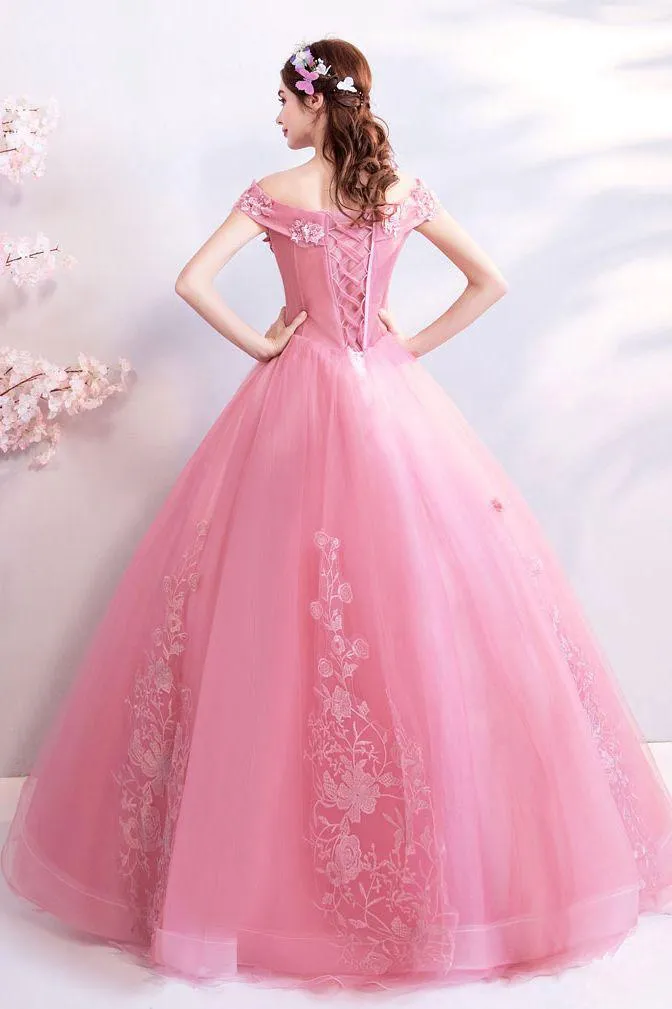 Pink Off the Shoulder Puffy Tulle Prom Dresses, Floor Length Appliqued Quinceanera Dress UQ2279