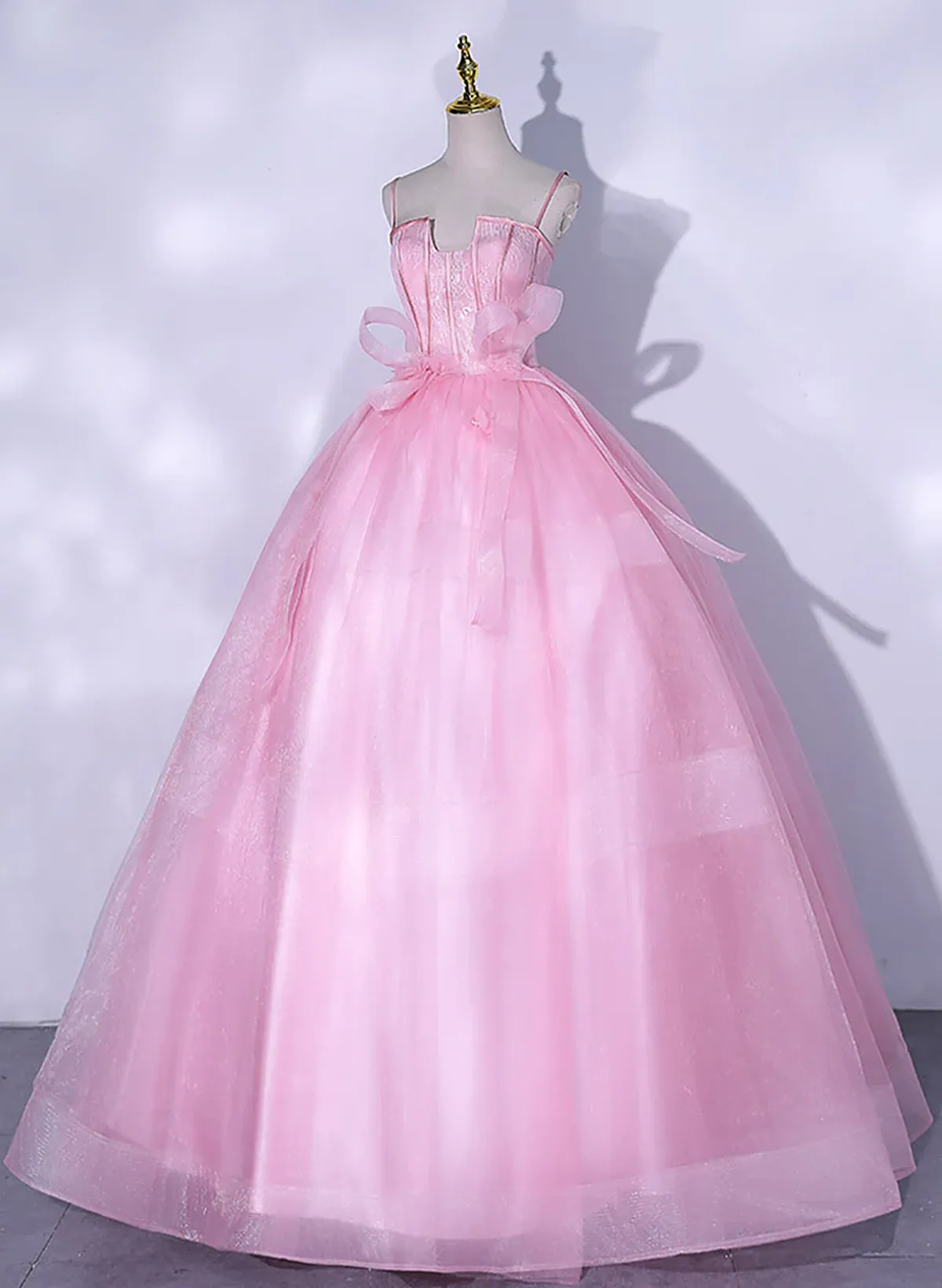 Pink Tulle Straps Ball Gown Long Sweet 16 Dress, Pink Tulle Formal Dress