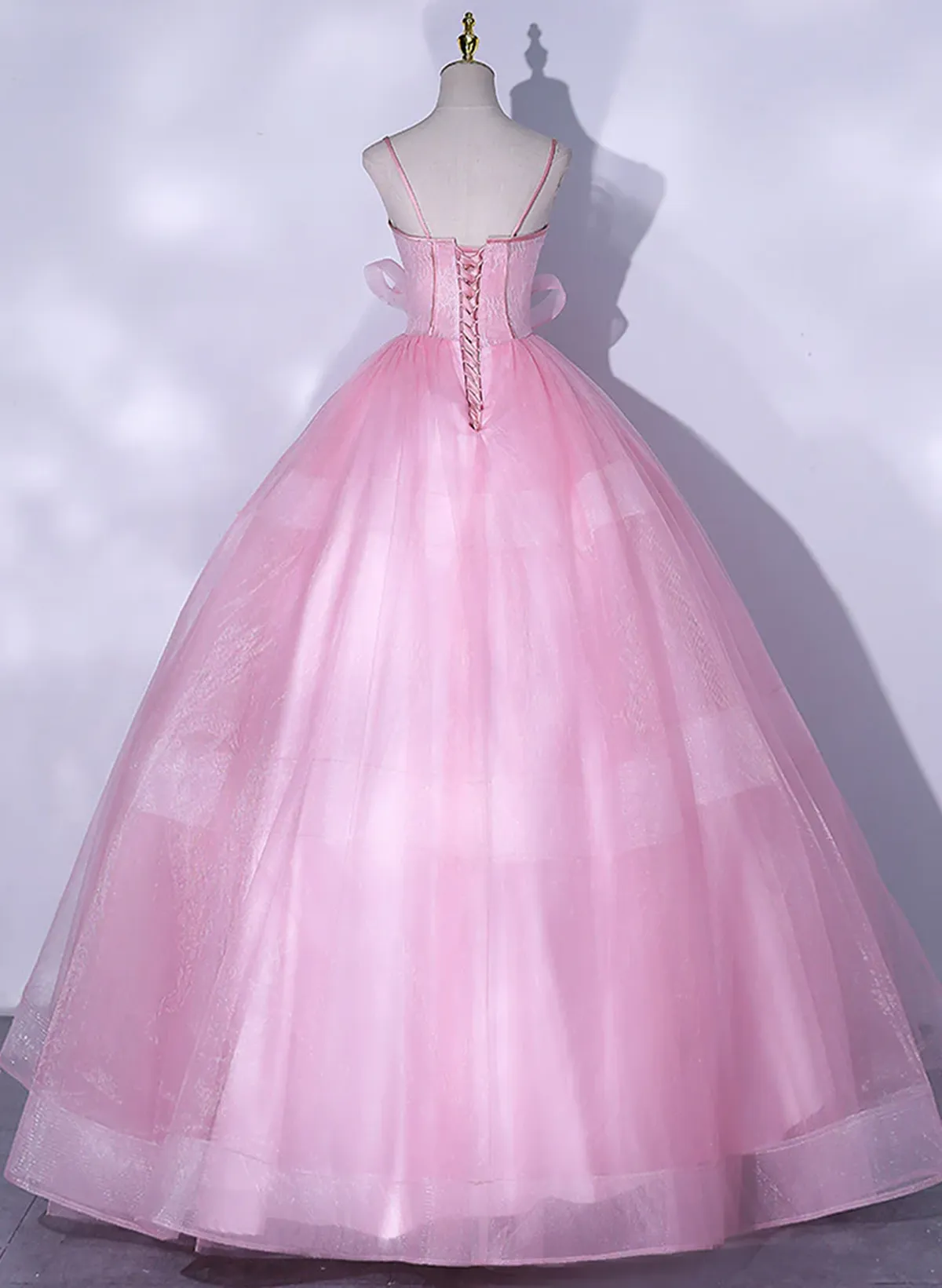 Pink Tulle Straps Ball Gown Long Sweet 16 Dress, Pink Tulle Formal Dress