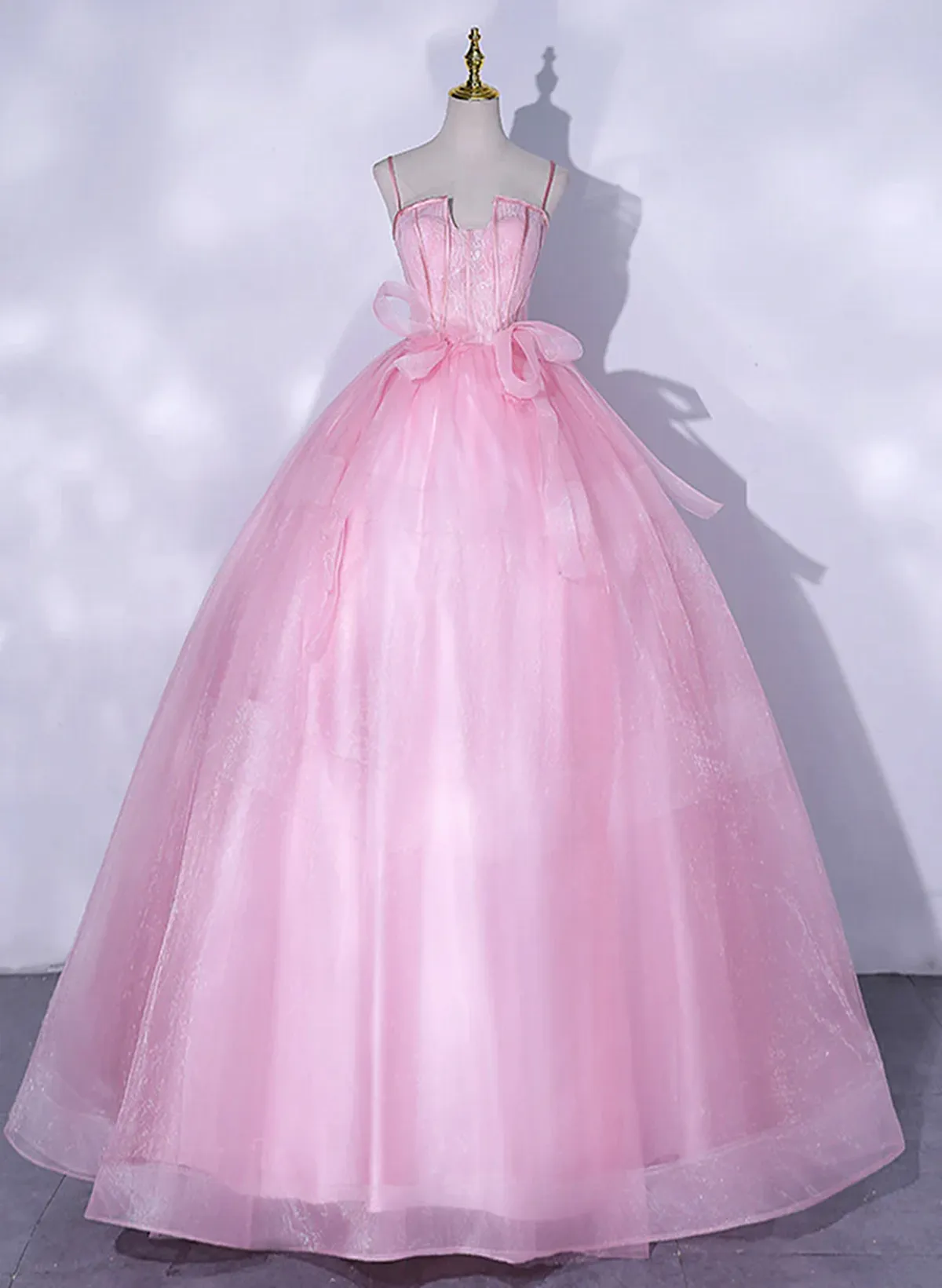 Pink Tulle Straps Ball Gown Long Sweet 16 Dress, Pink Tulle Formal Dress