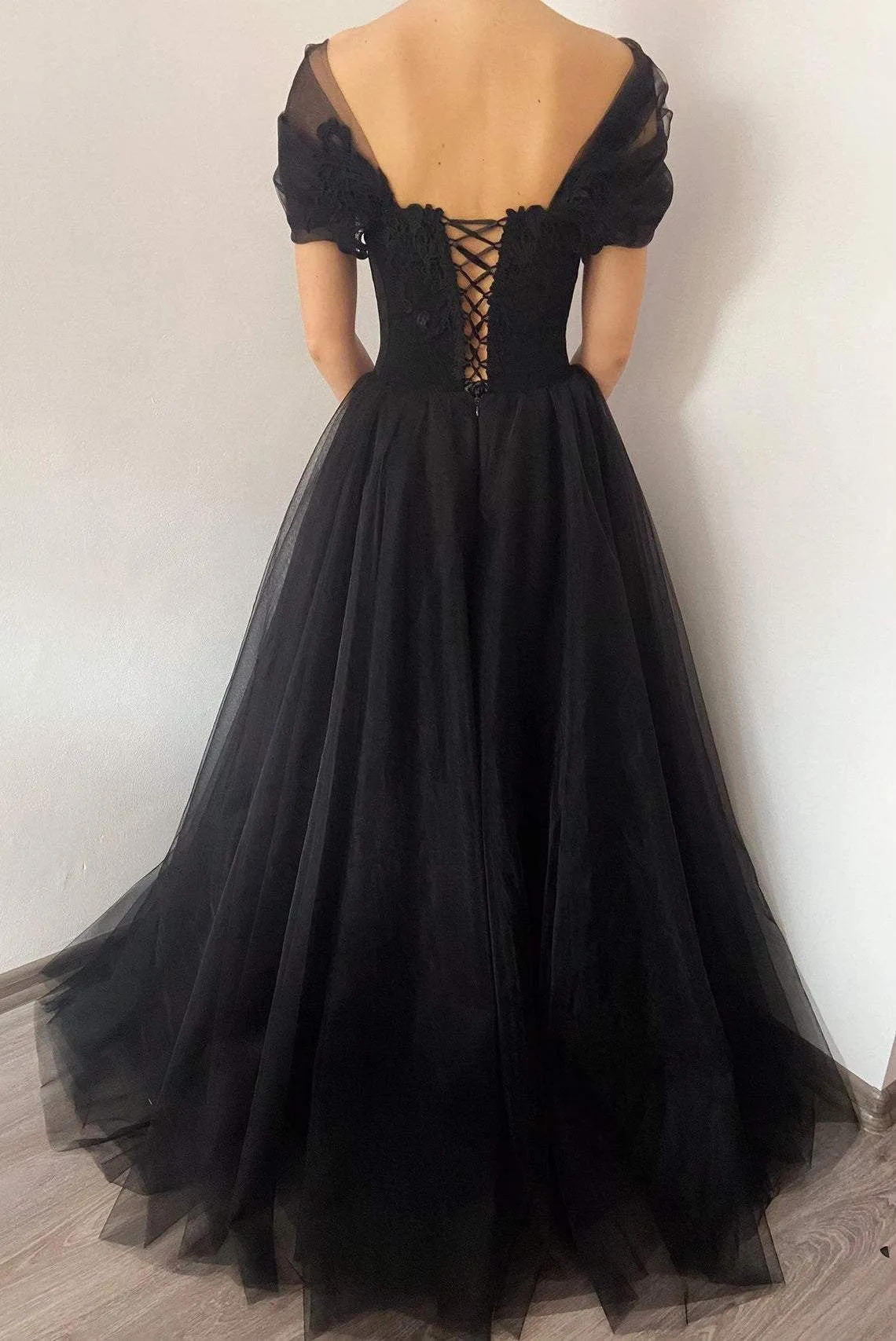 Princess Black Gothic Corset Tulle Prom Dress,Elegant Black Formal Gown