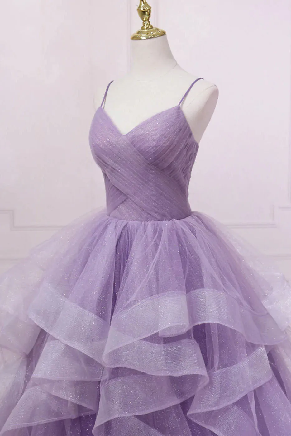 Princess Lavender Sparkly Spaghetti Straps Long Prom Dress Floor Length Evening Gown UQP0188