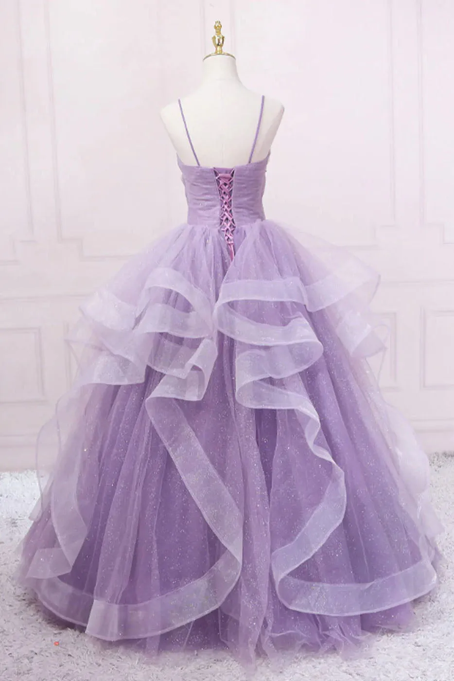 Princess Lavender Sparkly Spaghetti Straps Long Prom Dress Floor Length Evening Gown UQP0188